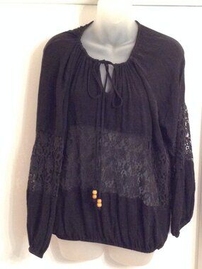 POL Black Lace Panel Sheer Ruched Front Tie Peasant Top Distressed Black L